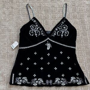 Vintage Velvet Babydoll Tank Top Women 6 Black Sequin Artsy Fairy Whimsigoth Y2K